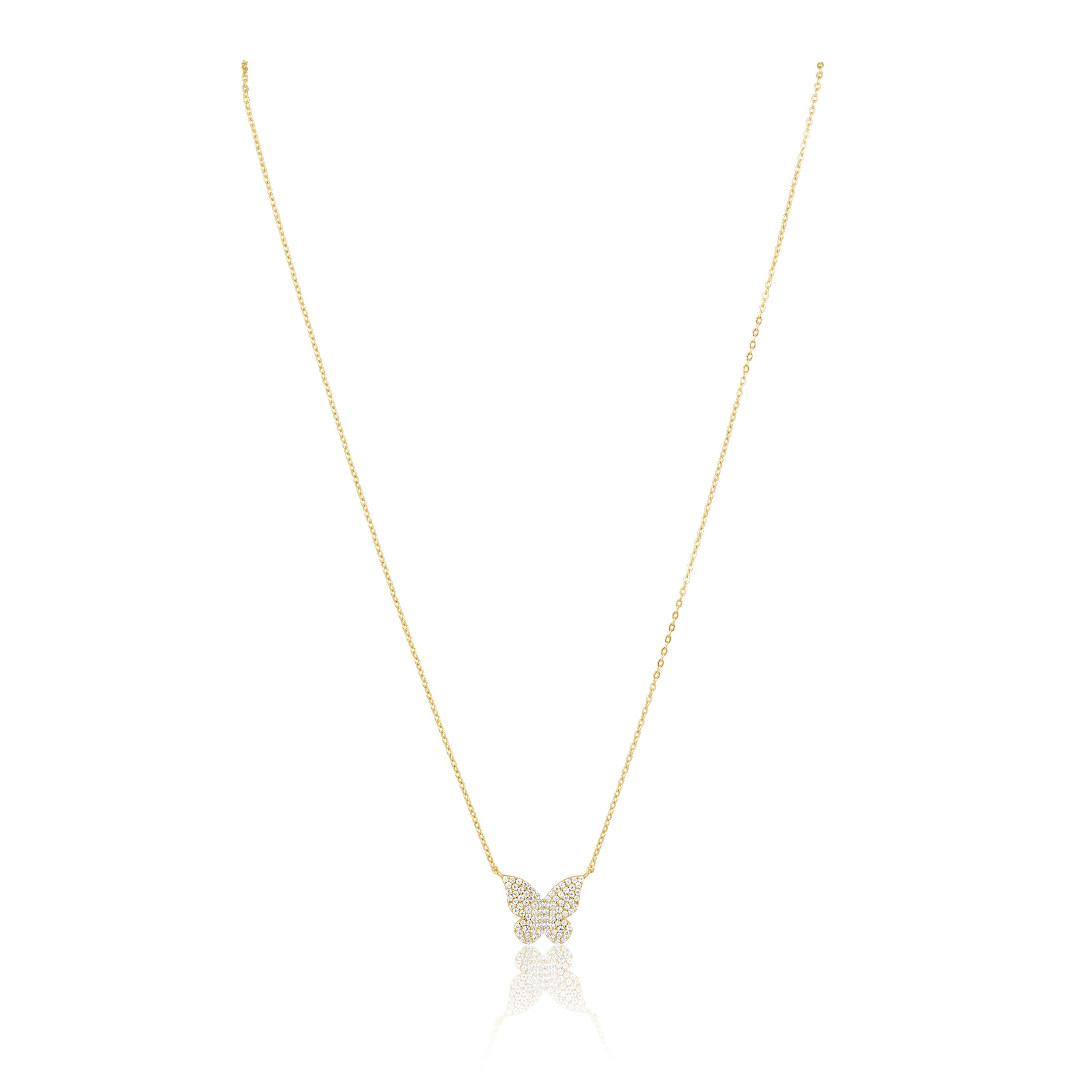 Elsie Pave Butterfly Necklace featuring a delicate butterfly pendant adorned with sparkling CZ stones and 14k gold plating.