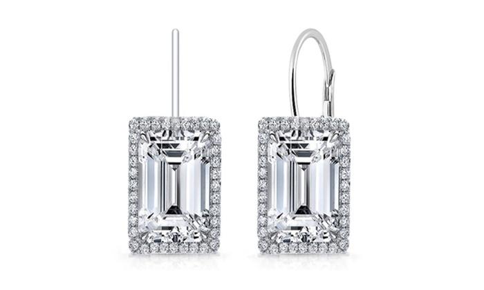 Emerald Cut 2.50 Cttw Gemstone Leverback Earrings in 14K White Gold Plating, showcasing elegant design and brilliant white stones.