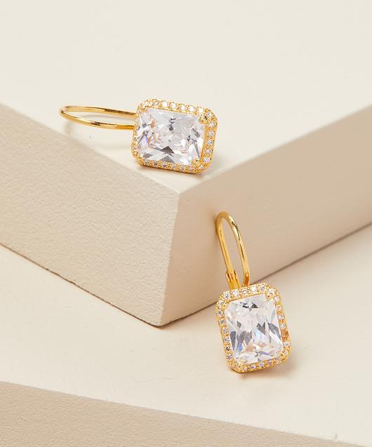 Emerald Cut Elements Leverback Earrings in 14K Gold Plating featuring white stones and a secure leverback design.