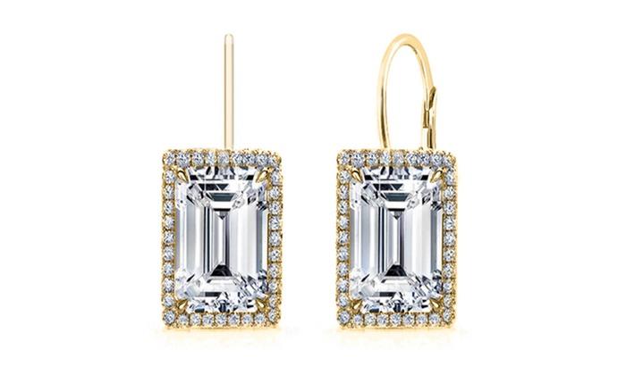 Emerald Cut Elements Leverback Earrings in 14K Gold Plating featuring white stones and a secure leverback design.