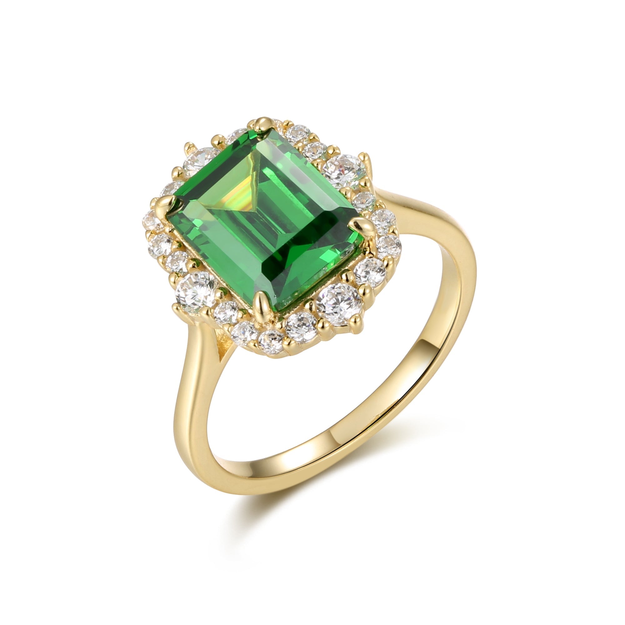 Elegant emerald cut halo ring made of 925 sterling silver with 18K gold finish, featuring white sapphire and lab emerald stones.