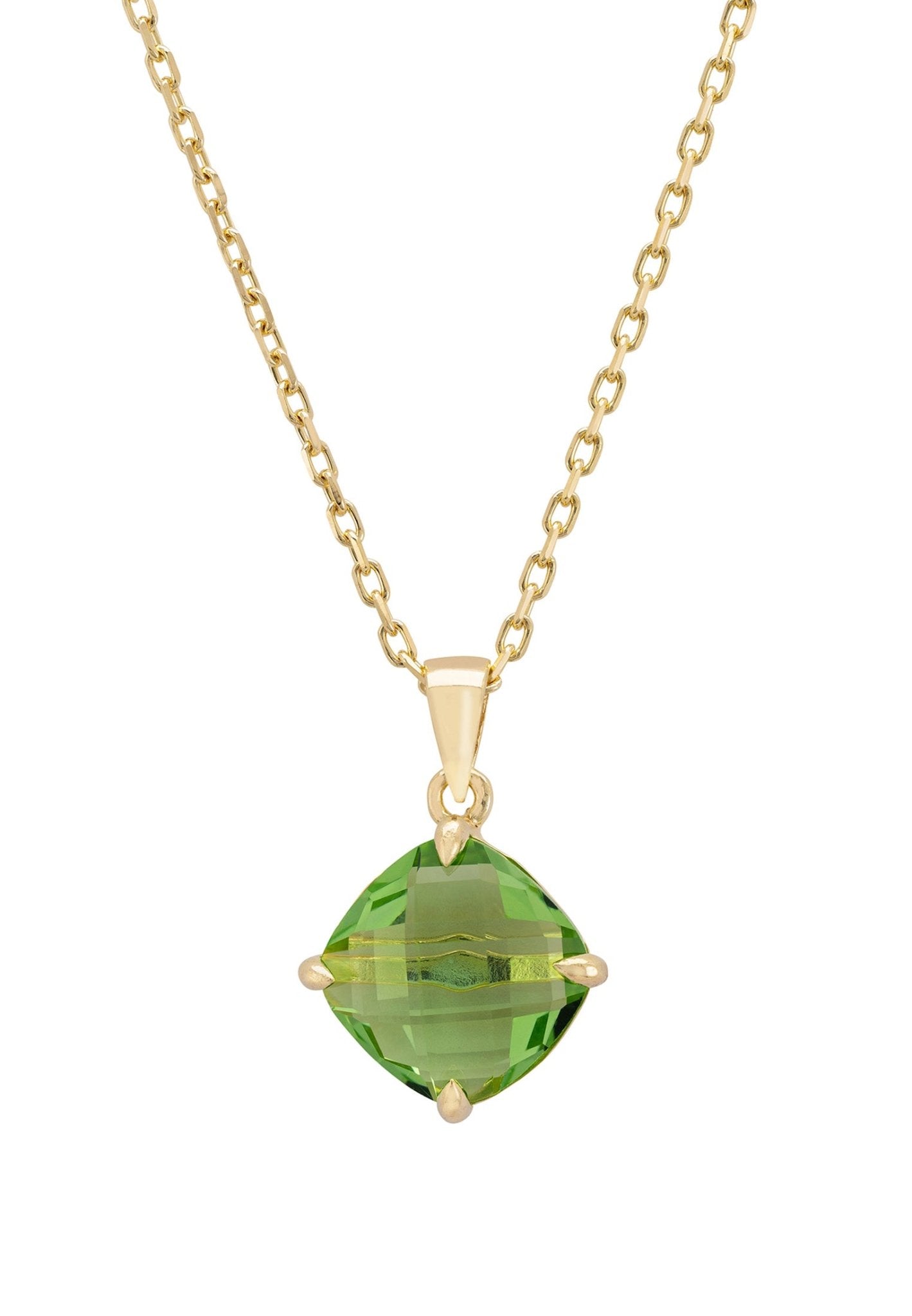 Empress Gemstone Necklace featuring a gold-dipped chain and a vibrant Peridot gemstone, elegantly displayed.