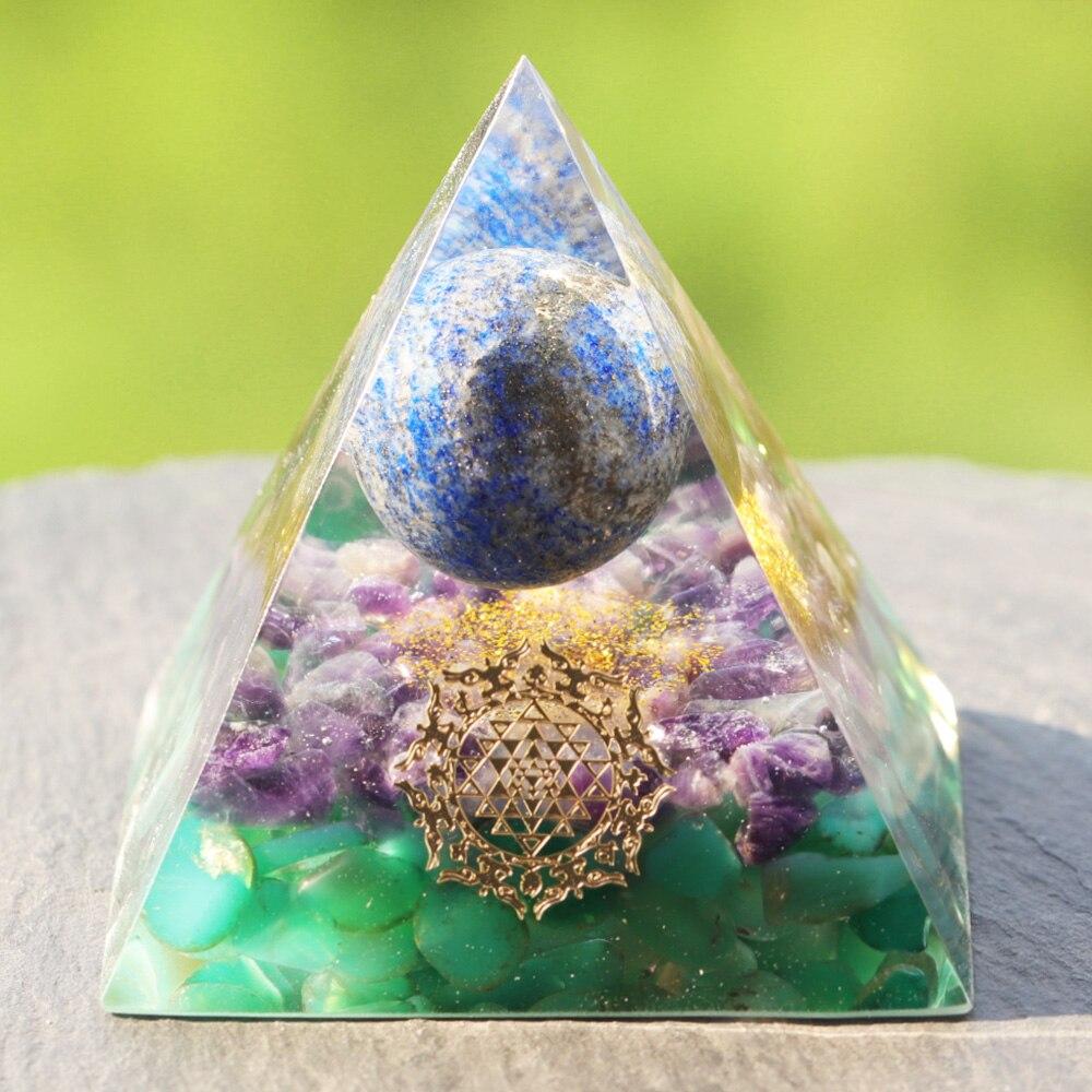 Energy Handmade Lapis Lazuli Sphere Orgone Pyramid featuring lapis lazuli, amethyst, and copper, ideal for healing and home decor.
