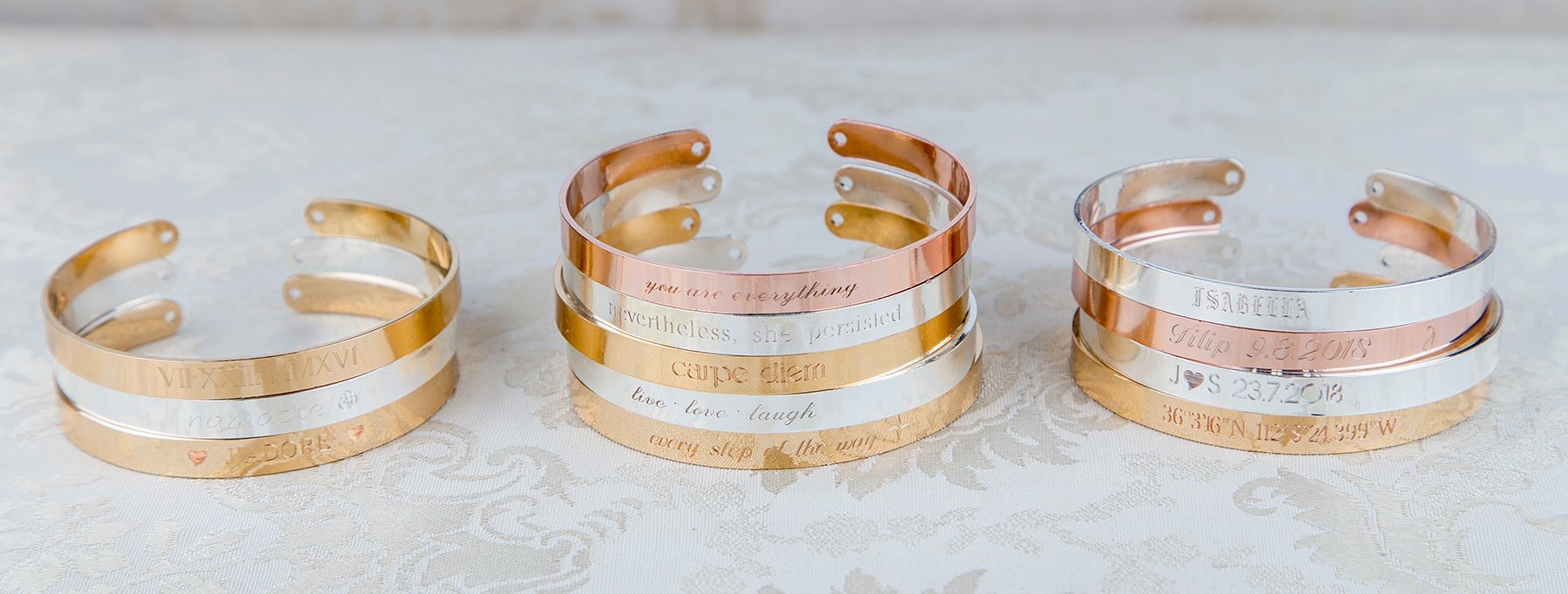 A delicate engraved bracelet in rose gold, featuring an inspirational quote, adjustable design, and protective lacquer finish.