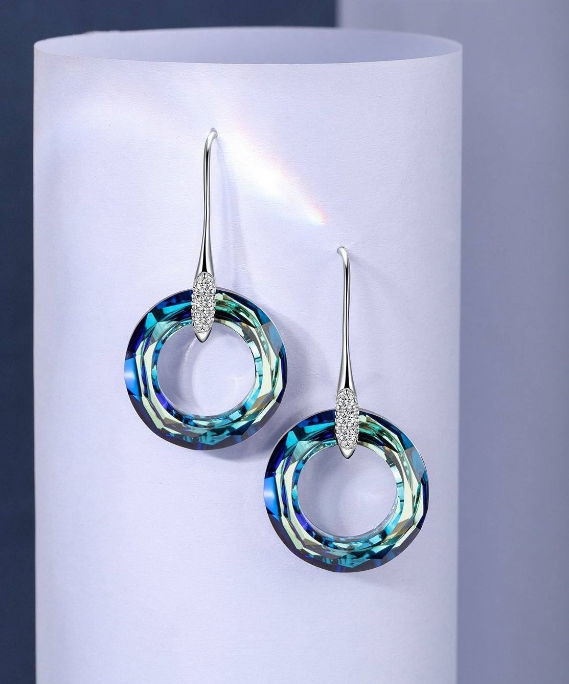 Elegant Bermuda Blue dangle earrings featuring Austrian crystals, designed for comfort and lasting shine, made in Italy.