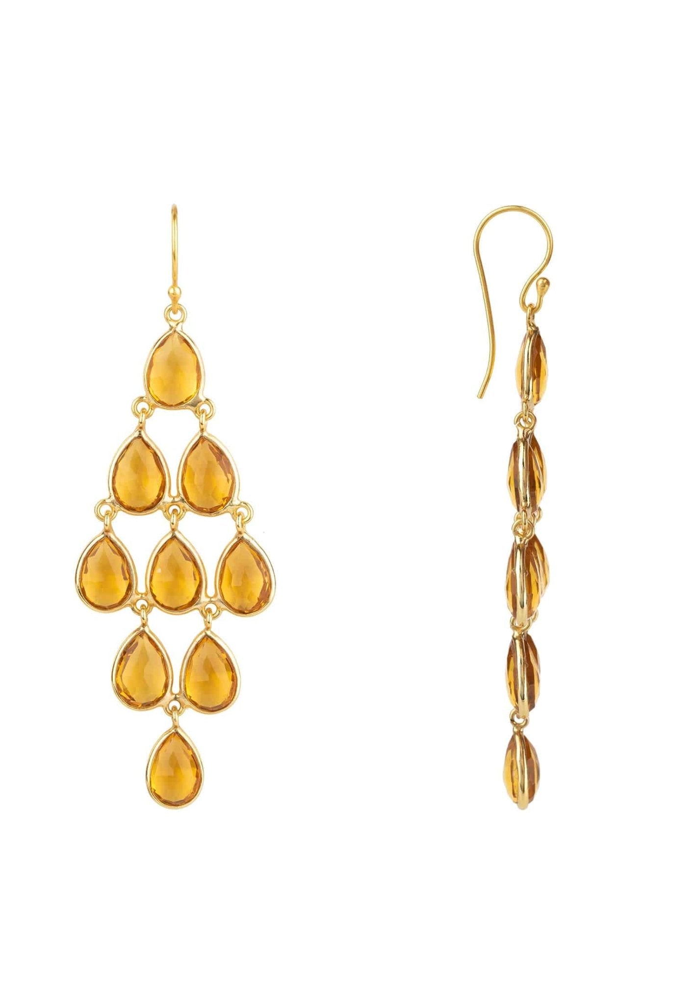Erviola Gemstone Cascade Earrings featuring gold citrine teardrop gems, elegantly hanging from a polished french hook.