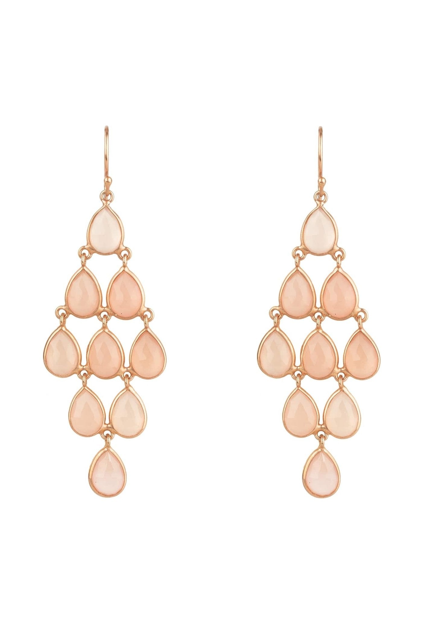Erviola Gemstone Cascade Earrings in rose gold featuring teardrop-shaped rose quartz gemstones, elegantly designed for a stylish look.