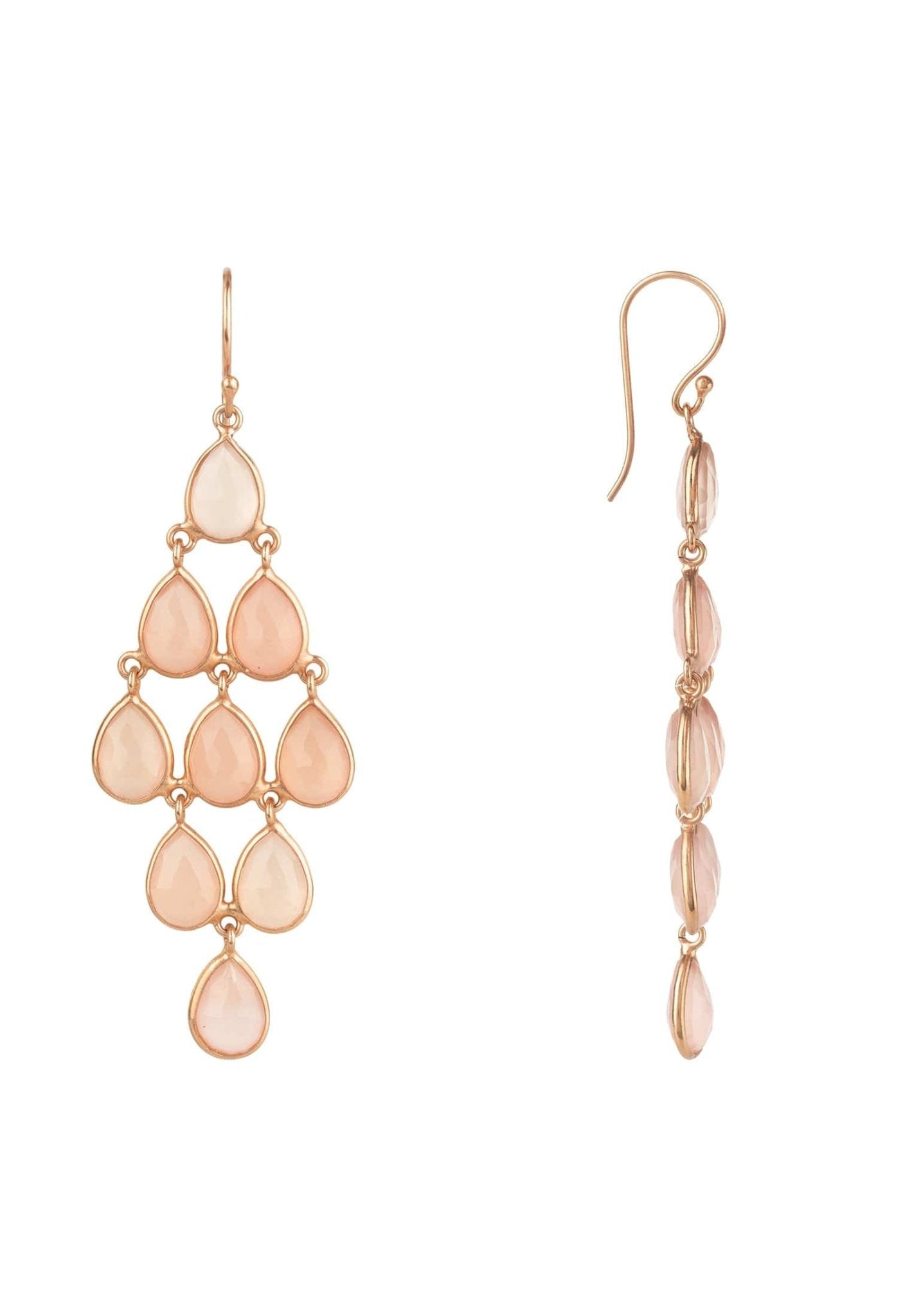 Erviola Gemstone Cascade Earrings in rose gold featuring teardrop-shaped rose quartz gemstones, elegantly designed for a stylish look.