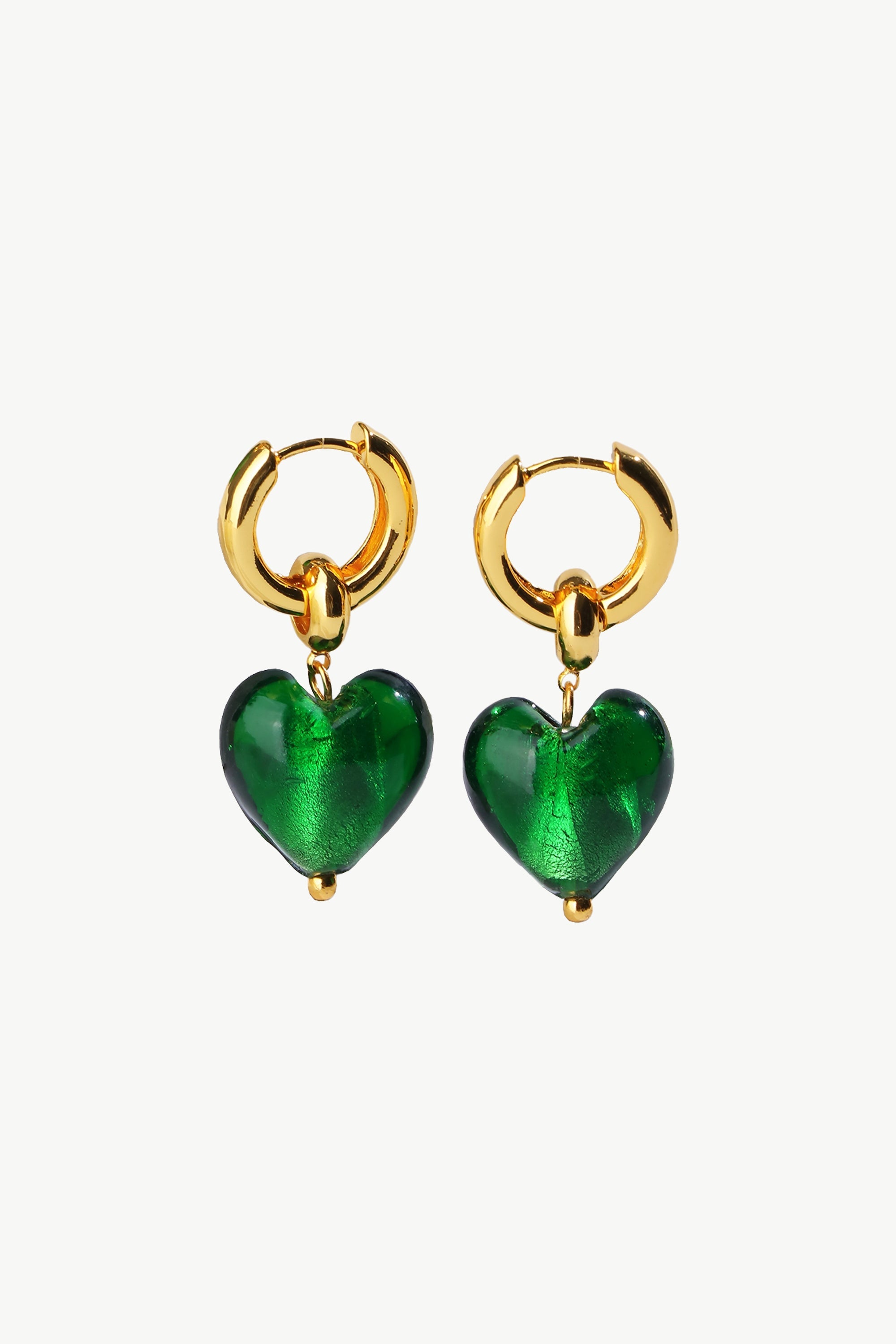 Esmée Green Glaze Heart Dangle Earrings featuring colorful glass hearts and 18k gold plated hoops.