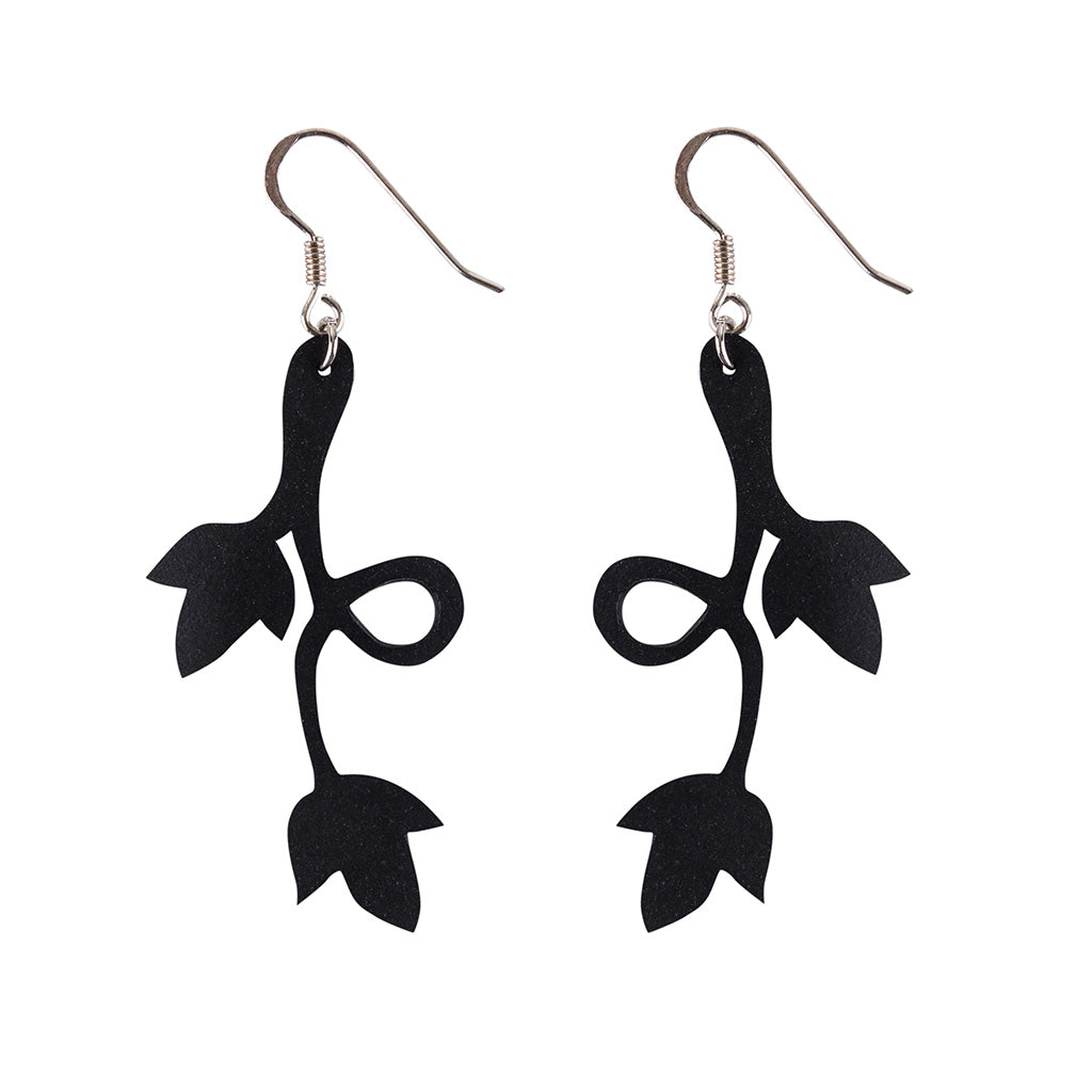 Evelyn Climbing Flower Earrings made from recycled inner tubes, featuring a delicate floral design with silver hooks.