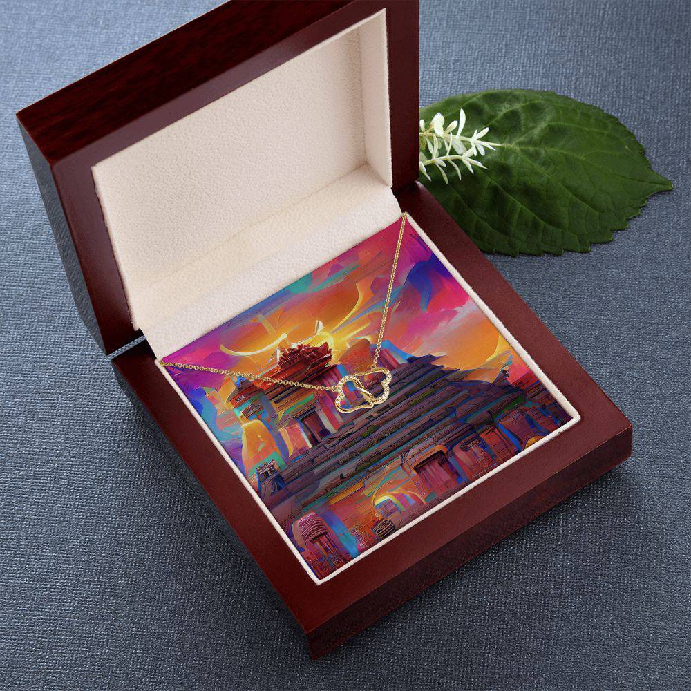 Everlasting Heart necklace featuring two interconnected 10K solid yellow gold hearts adorned with 18 pave set diamonds, displayed in a luxurious mahogany gift box.