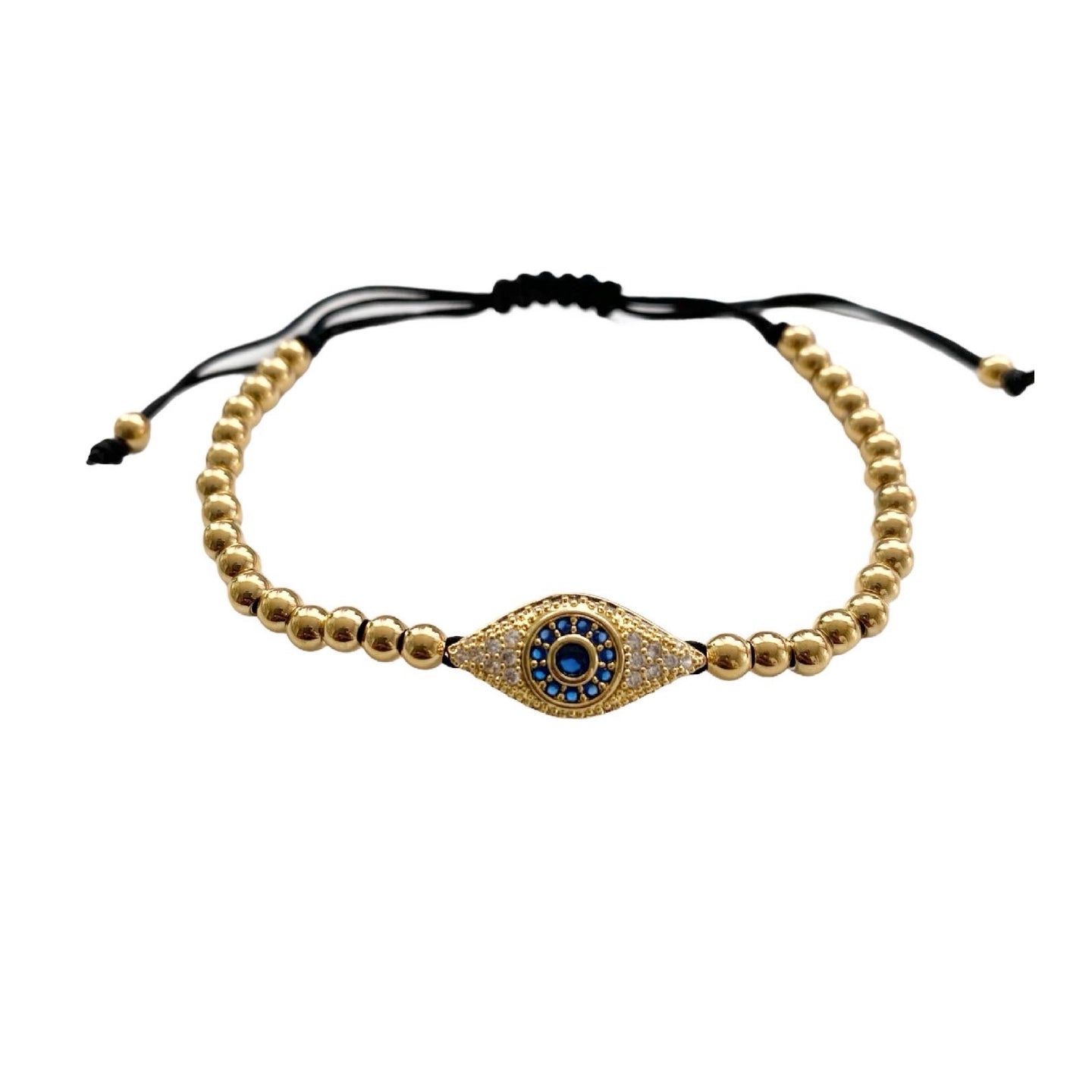 Evil Eye Adjustable Bracelet featuring cubic zirconia stones in gold, silver, and rose gold finishes, symbolizing protection and style.
