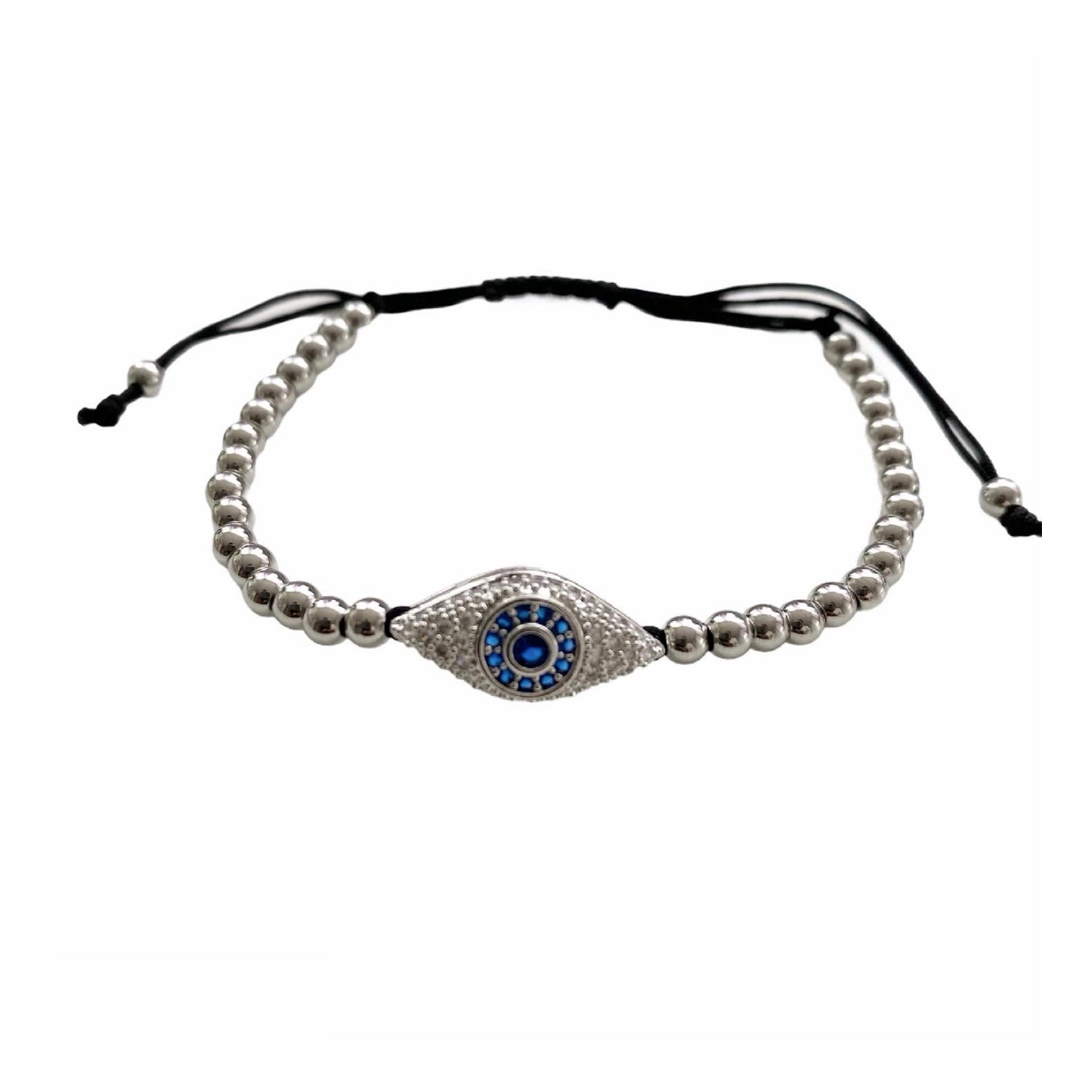 Evil Eye Adjustable Bracelet featuring cubic zirconia stones in gold, silver, and rose gold finishes, symbolizing protection and style.