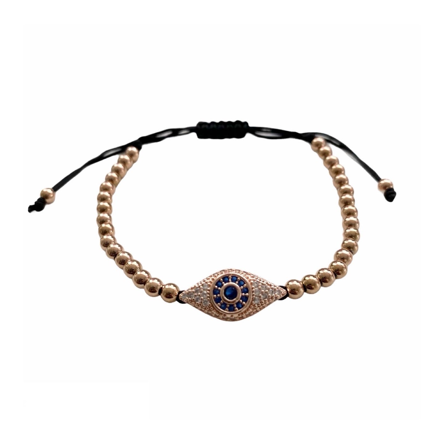 Evil Eye Adjustable Bracelet featuring cubic zirconia stones in gold, silver, and rose gold finishes, symbolizing protection and style.