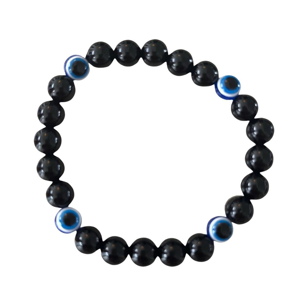 Evil Eye Beaded Stretch Bracelet made of black obsidian, featuring a stylish design with protective symbolism.