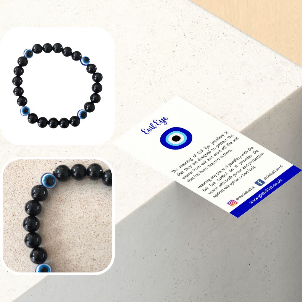 Evil Eye Beaded Stretch Bracelet made of black obsidian, featuring a stylish design with protective symbolism.