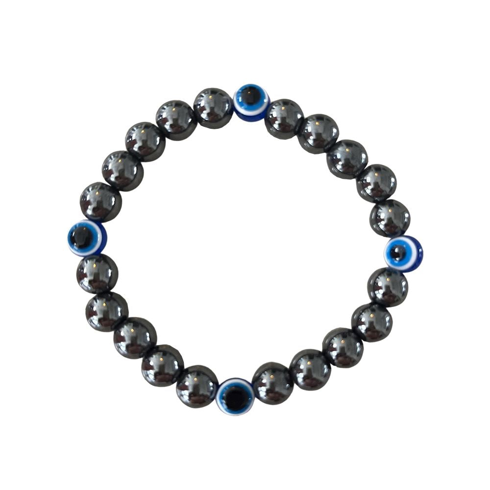 Evil Eye Beaded Stretch Bracelet made of hematite beads, featuring a vibrant design symbolizing protection and good luck.