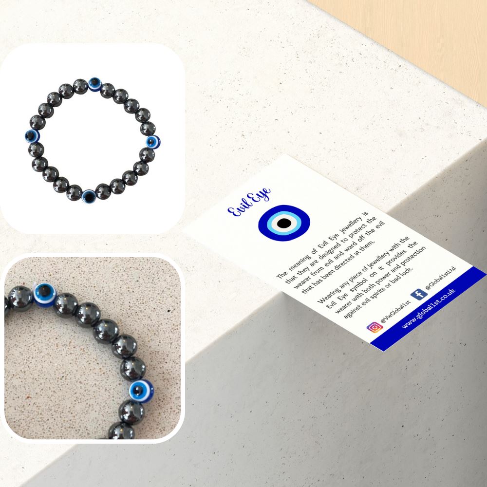 Evil Eye Beaded Stretch Bracelet made of hematite beads, featuring a vibrant design symbolizing protection and good luck.