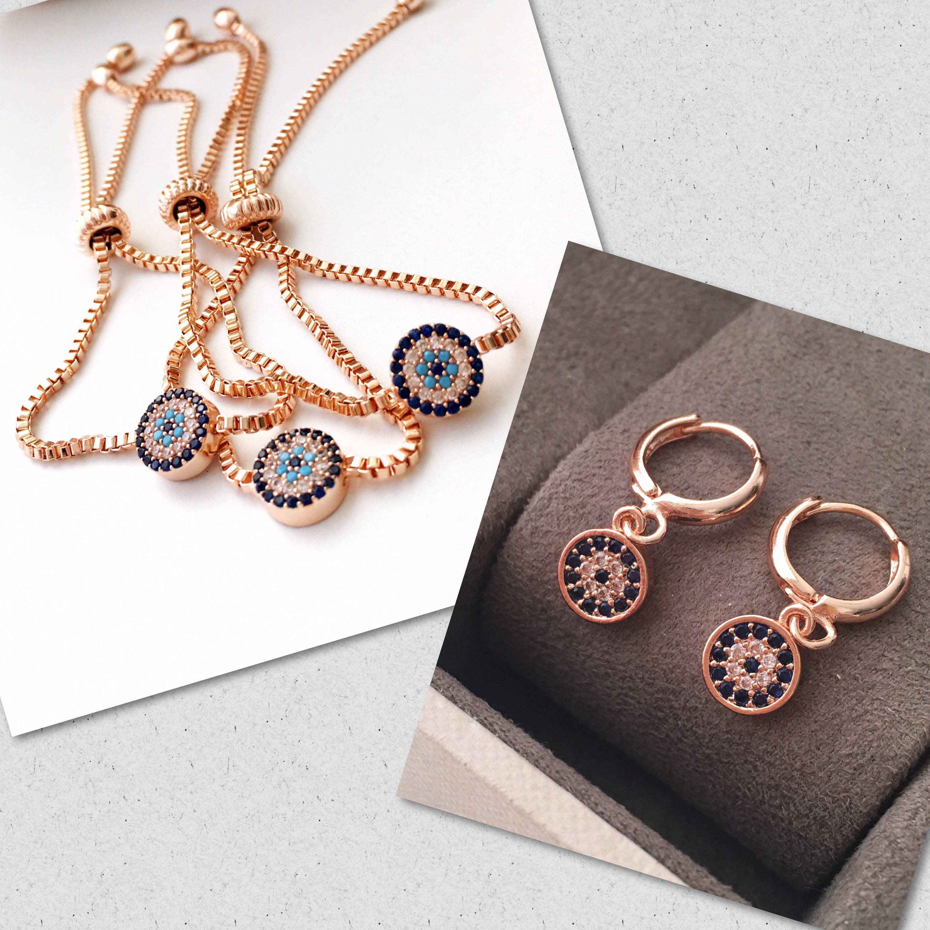 Evil Eye Bracelet Earrings Jewelry Set in rose gold, featuring adjustable bracelet and hoop earrings, crafted from tarnish-resistant stainless steel.
