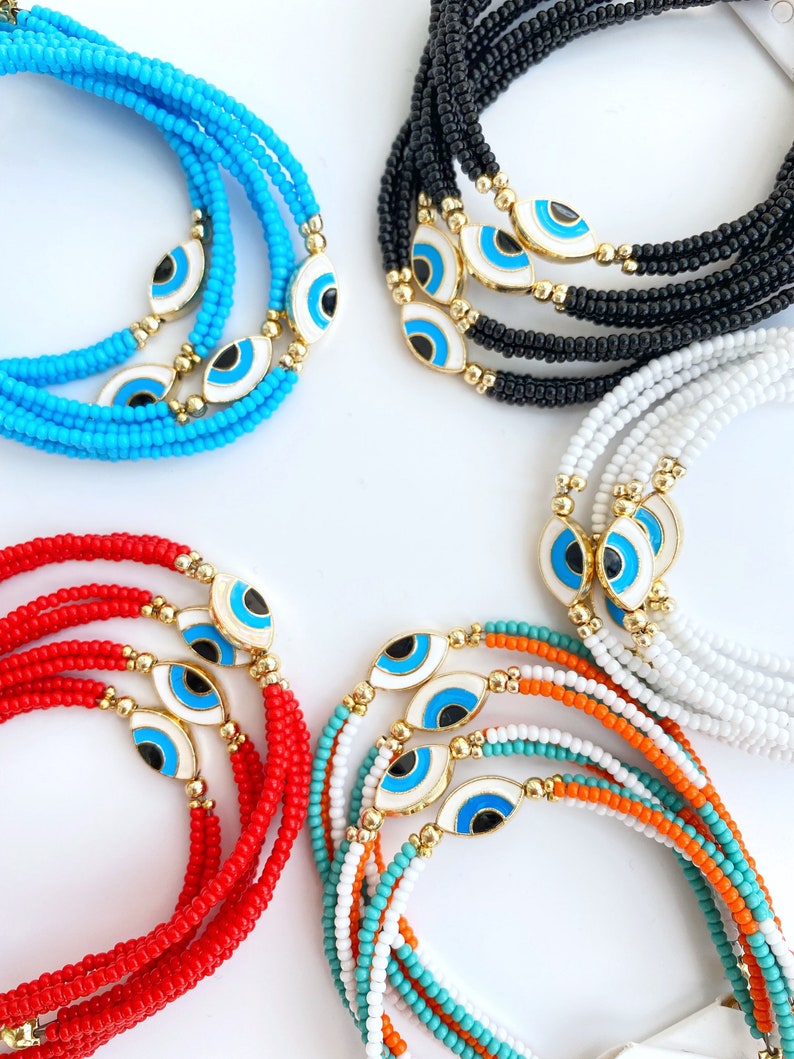 Handmade Evil Eye Bracelet featuring Miyuki seed beads and a brass evil eye charm, adjustable size for comfort.
