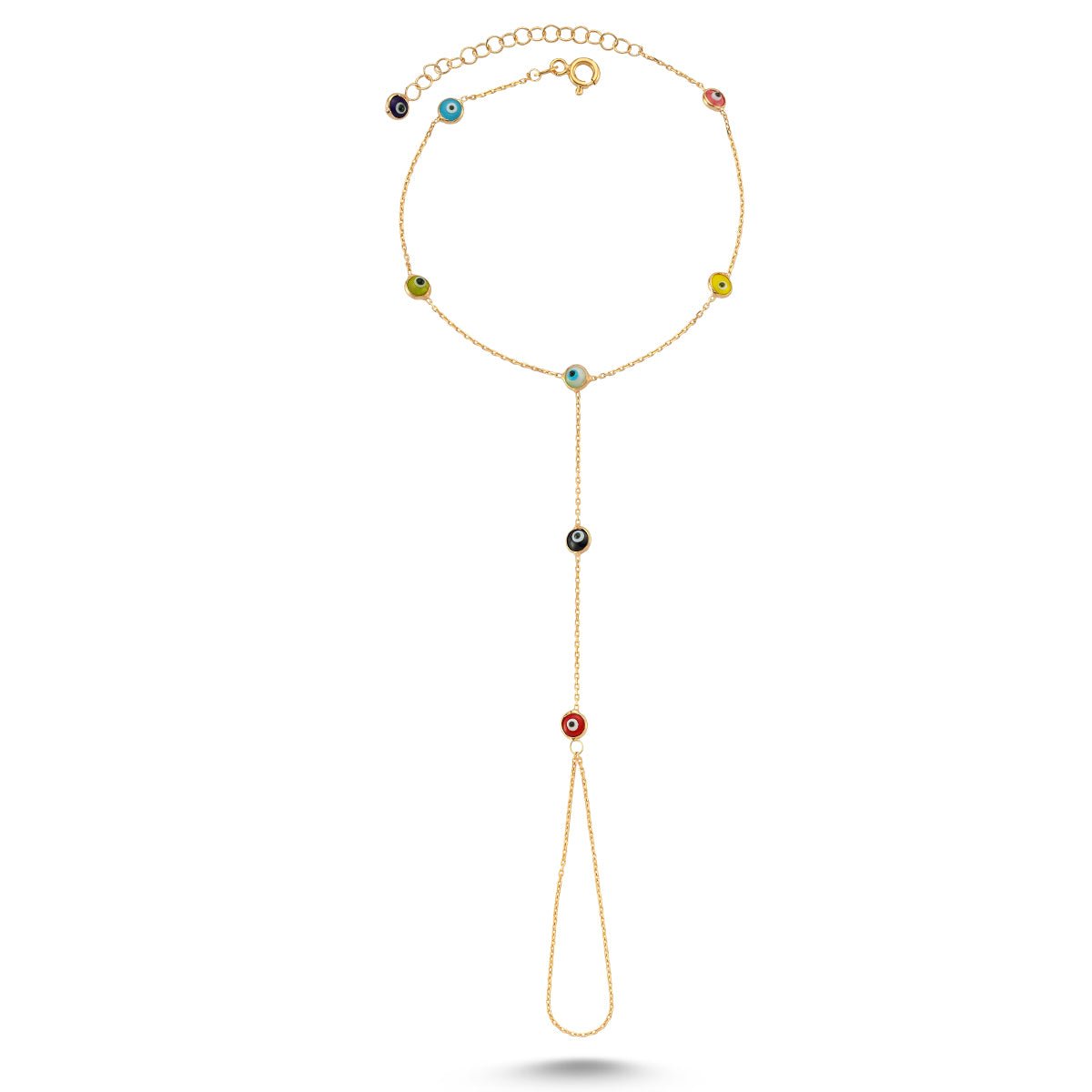 Evil Eye Dainty Hand Chain Finger Bracelet in 925 Sterling Silver with multi-colored evil eye charms, showcasing elegant design and craftsmanship.
