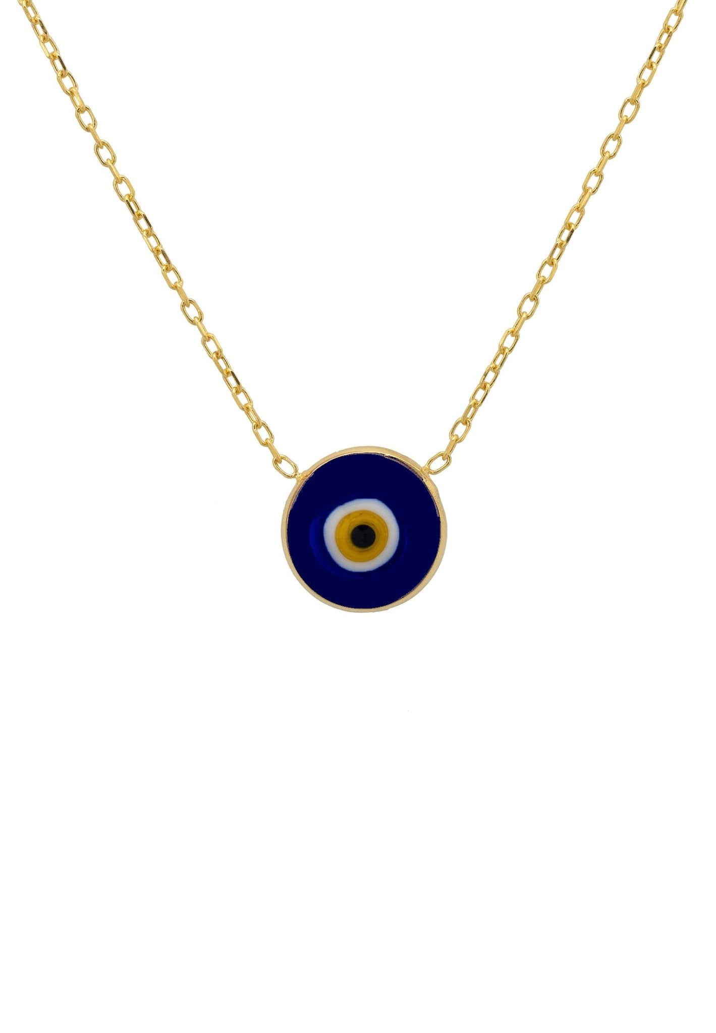 Gold evil eye enamel pendant necklace featuring colorful rings and a bevelled disc design, perfect for everyday wear.