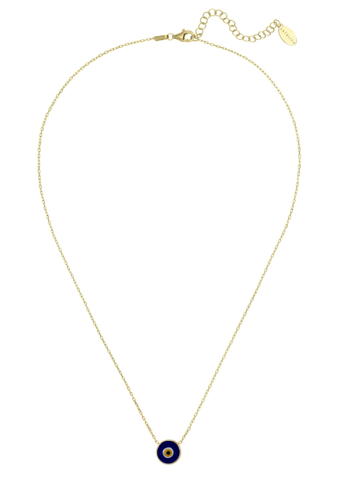 Gold evil eye enamel pendant necklace featuring colorful rings and a bevelled disc design, perfect for everyday wear.