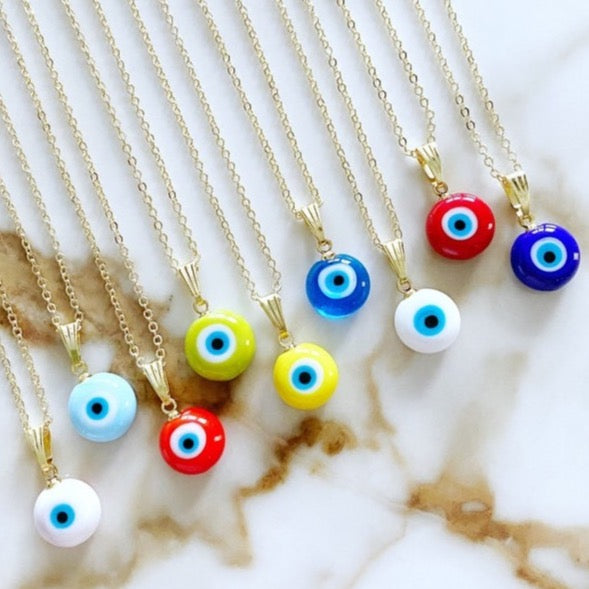 Evil Eye Necklace featuring handmade Murano glass beads and a 10mm pendant on a gold stainless steel chain, showcasing vibrant colors.