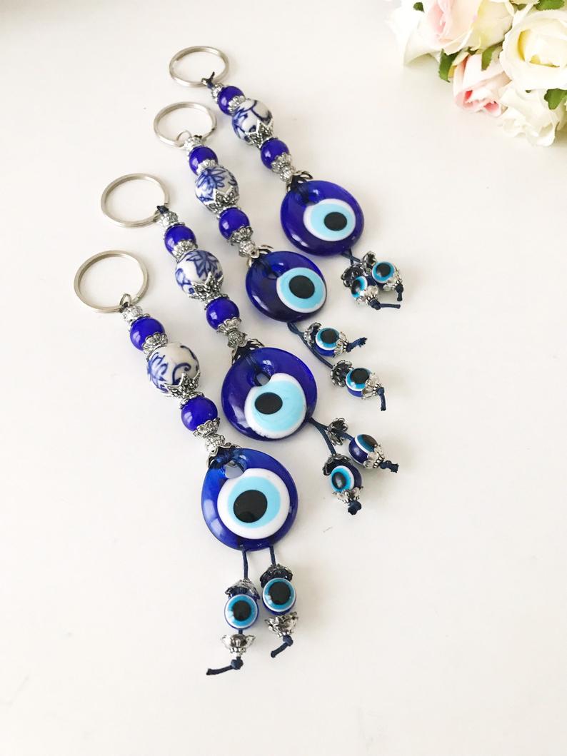 Evil eye protection keychain featuring a ceramic charm, vibrant colors, and intricate design, perfect for keys or bags.