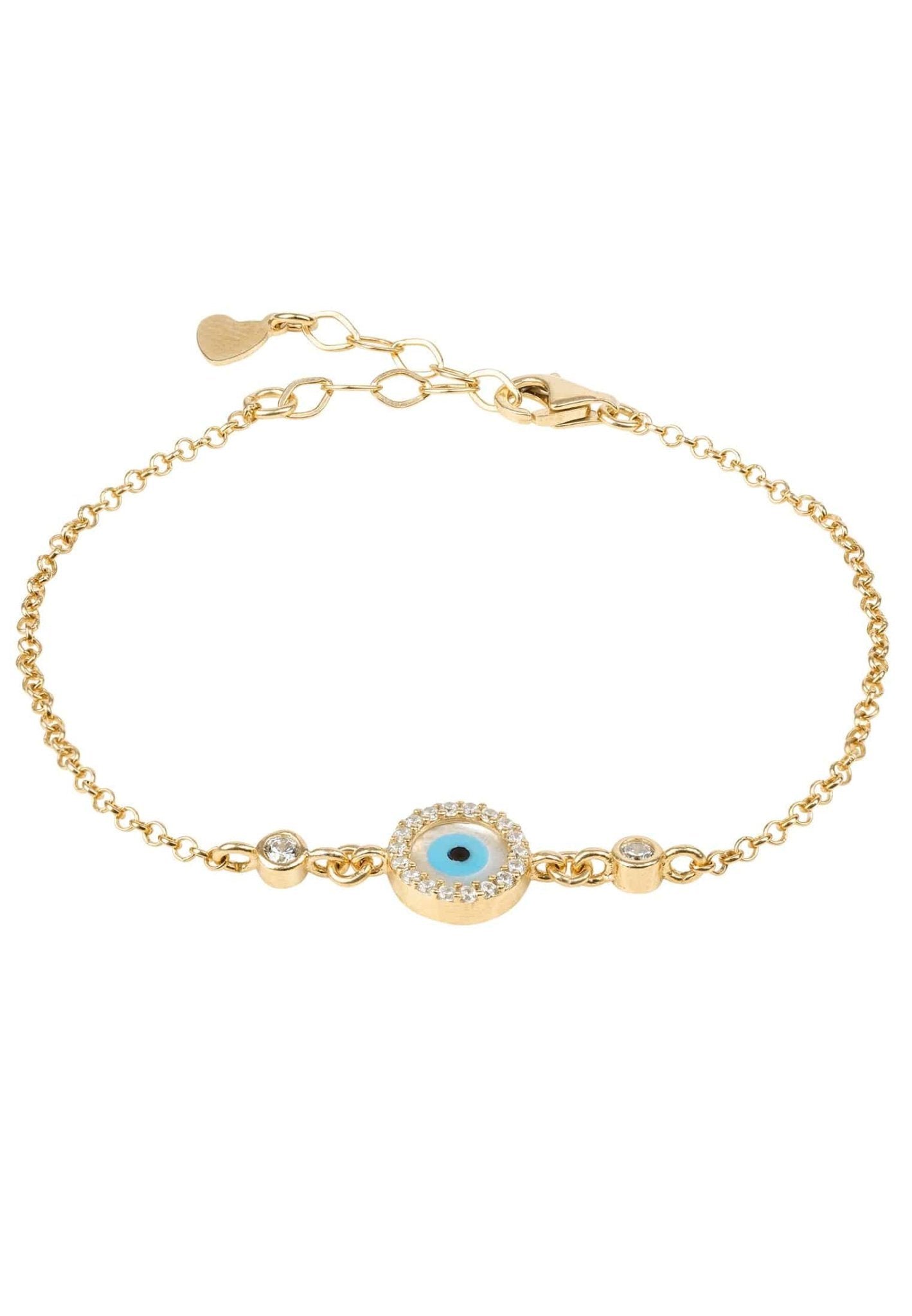 Evil Eye Round Mother Of Pearl Gemstone Bracelet featuring gold dipped sterling silver and white zircons, showcasing a protective talisman design.