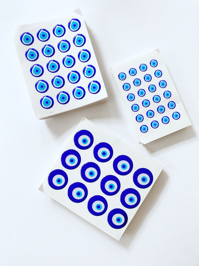 Evil Eye Sticker Pack featuring various sizes of embossed Turkish Evil Eye stickers on a colorful background.