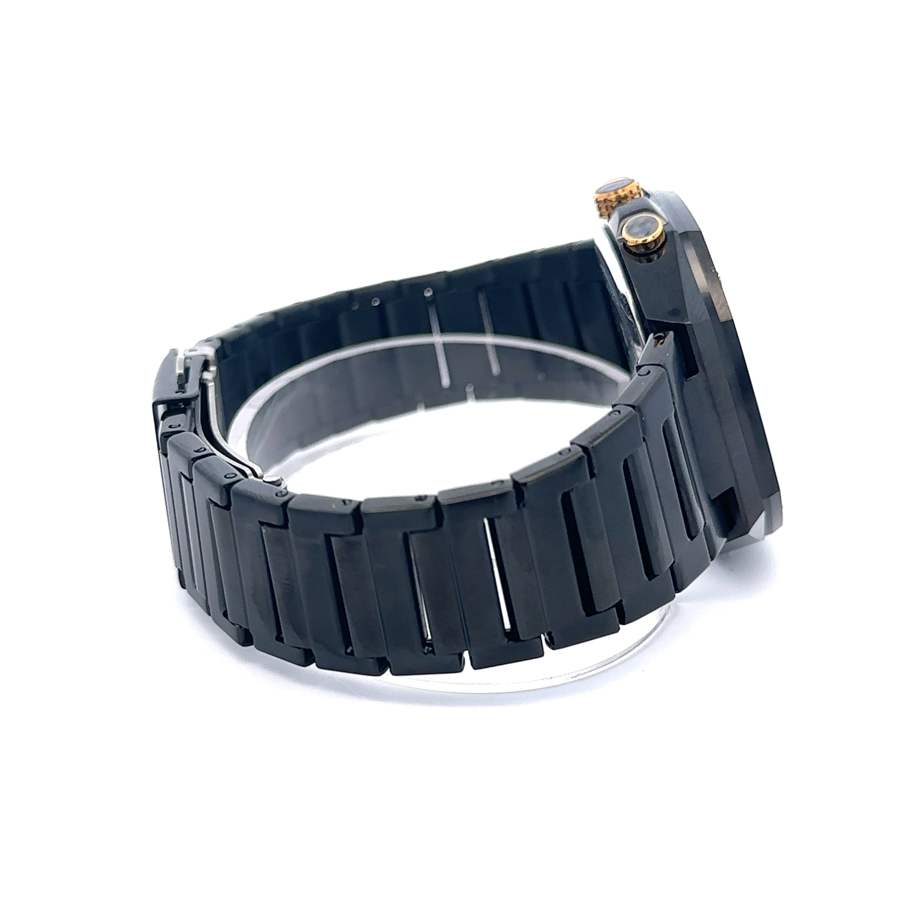 Evocative Metal Back Black Stainless Iced Out Watch showcasing its luxurious black stainless steel design and iced-out detailing.