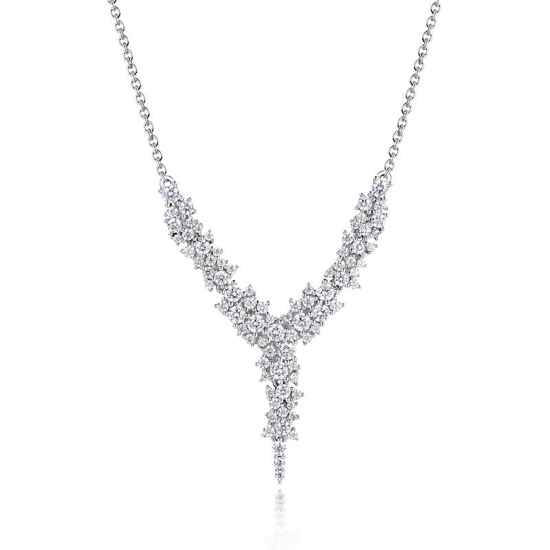 Exquisite cluster sterling silver engagement wedding party necklace featuring round cubic zirconia stones and adjustable chain.
