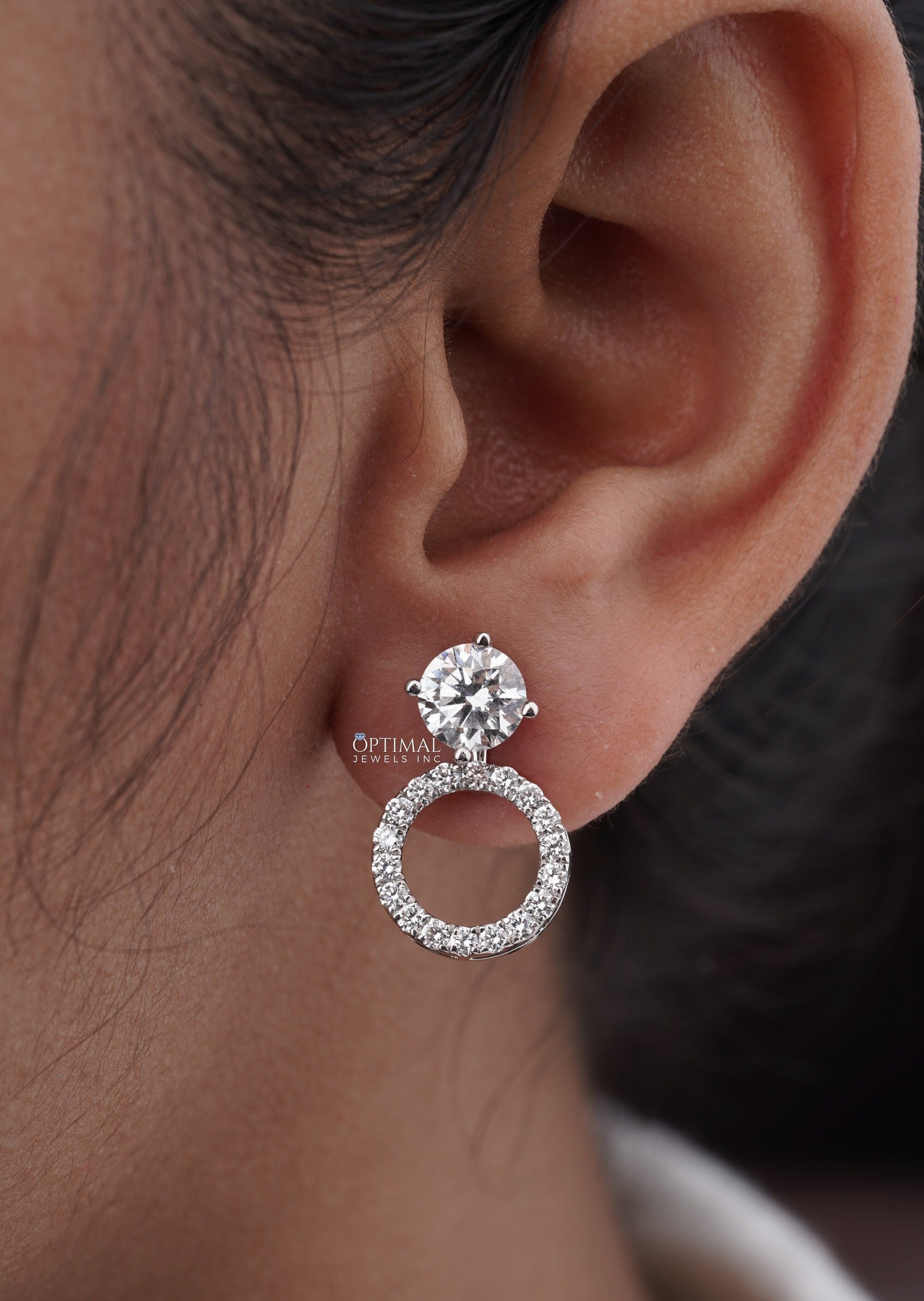 Exquisite Diamond Stud Earring featuring 2.44 Ctw of brilliant lab-grown diamonds in a halo circle drop design, set in 18K white gold.