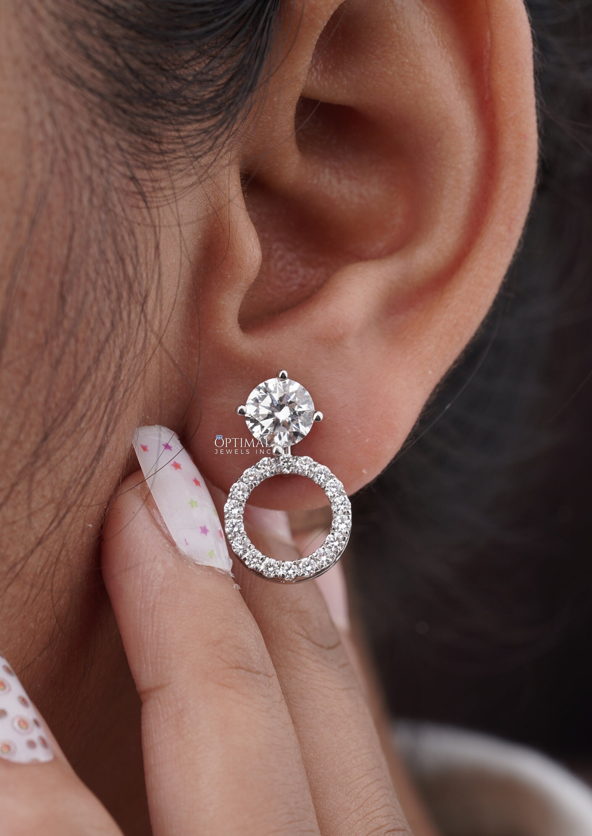 Exquisite Diamond Stud Earring featuring 2.44 Ctw of brilliant lab-grown diamonds in a halo circle drop design, set in 18K white gold.