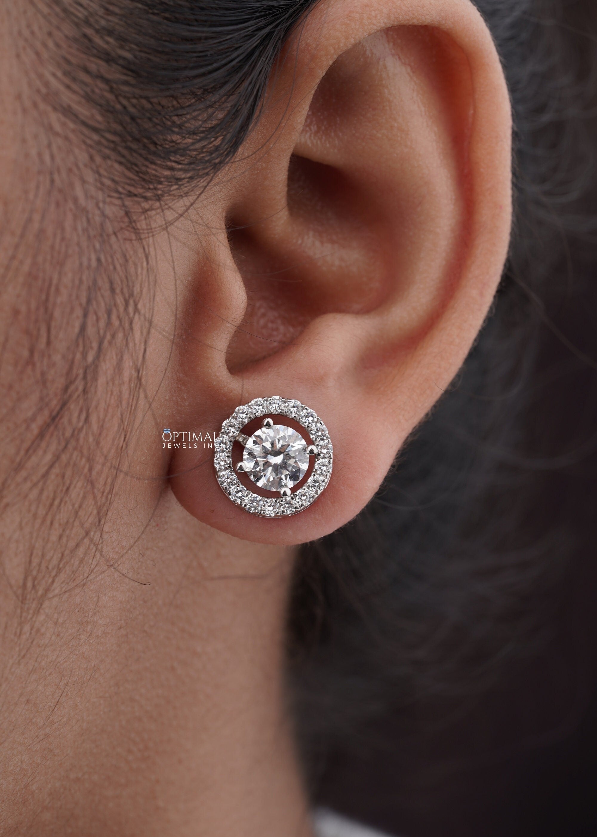 Exquisite Diamond Stud Earring featuring 2.44 Ctw of brilliant lab-grown diamonds in a halo circle drop design, set in 18K white gold.