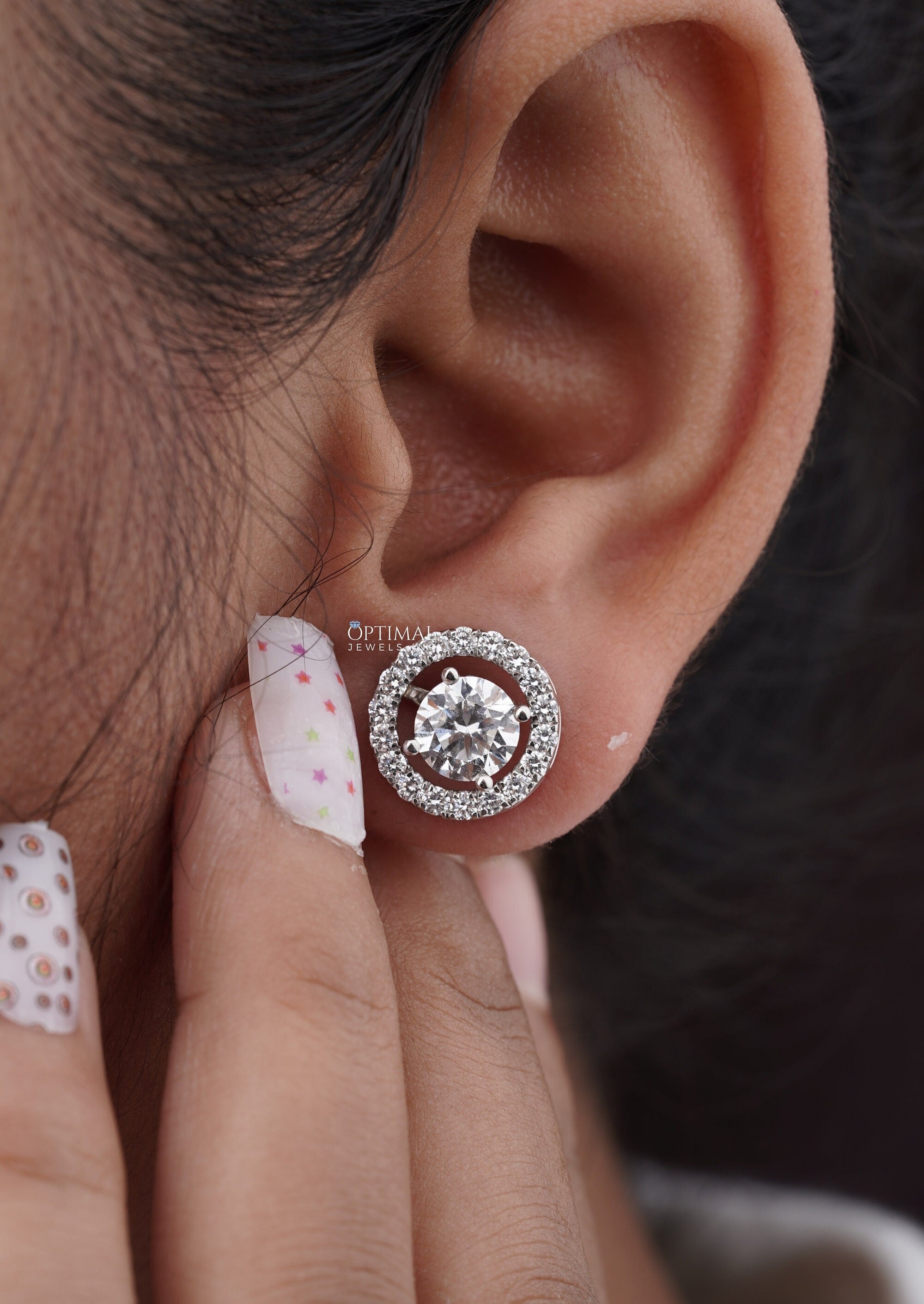 Exquisite Diamond Stud Earring featuring 2.44 Ctw of brilliant lab-grown diamonds in a halo circle drop design, set in 18K white gold.