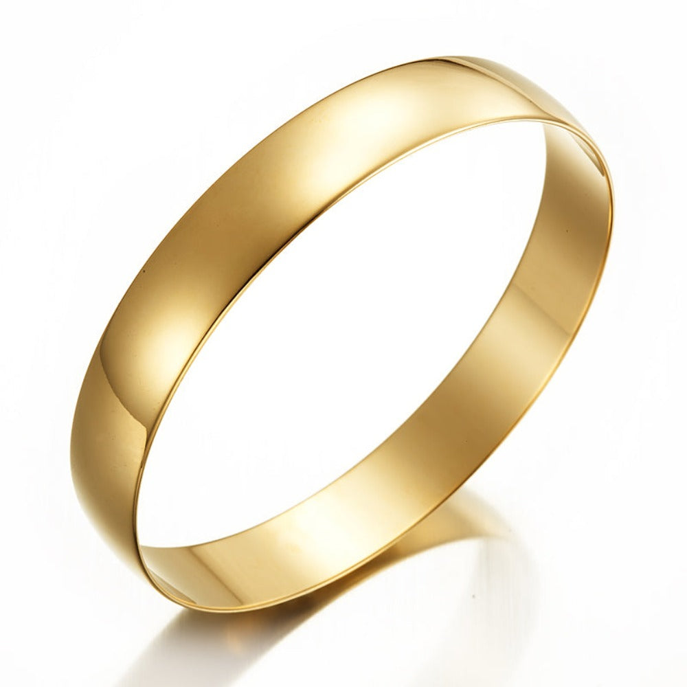 Extra Wide 18ct Heavy Yellow Gold Plated Plain Bangle, showcasing its elegant design and luxurious gold finish.