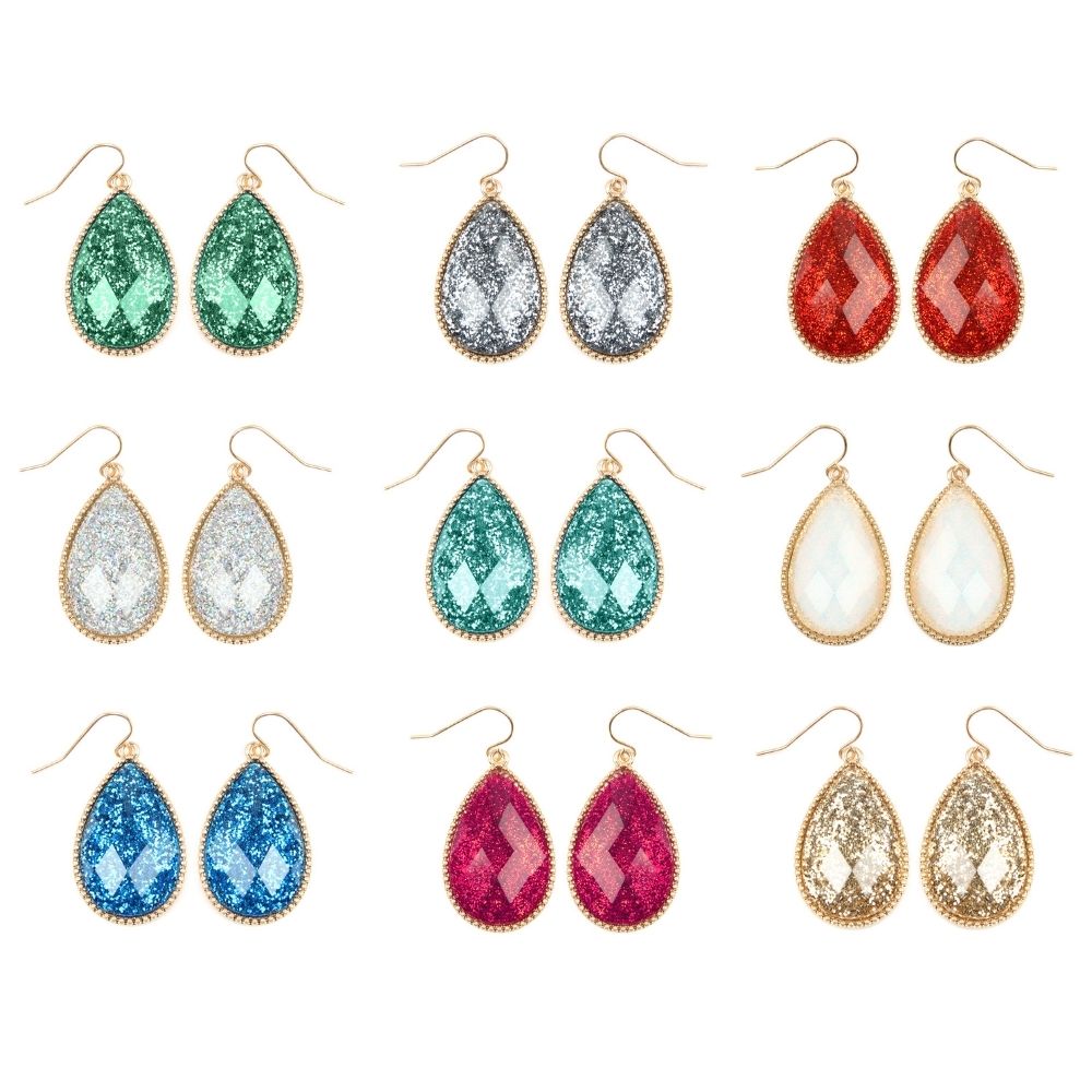 A pair of faceted teardrop glitter drop dangle earrings in various colors, showcasing their elegant design and sparkling details.