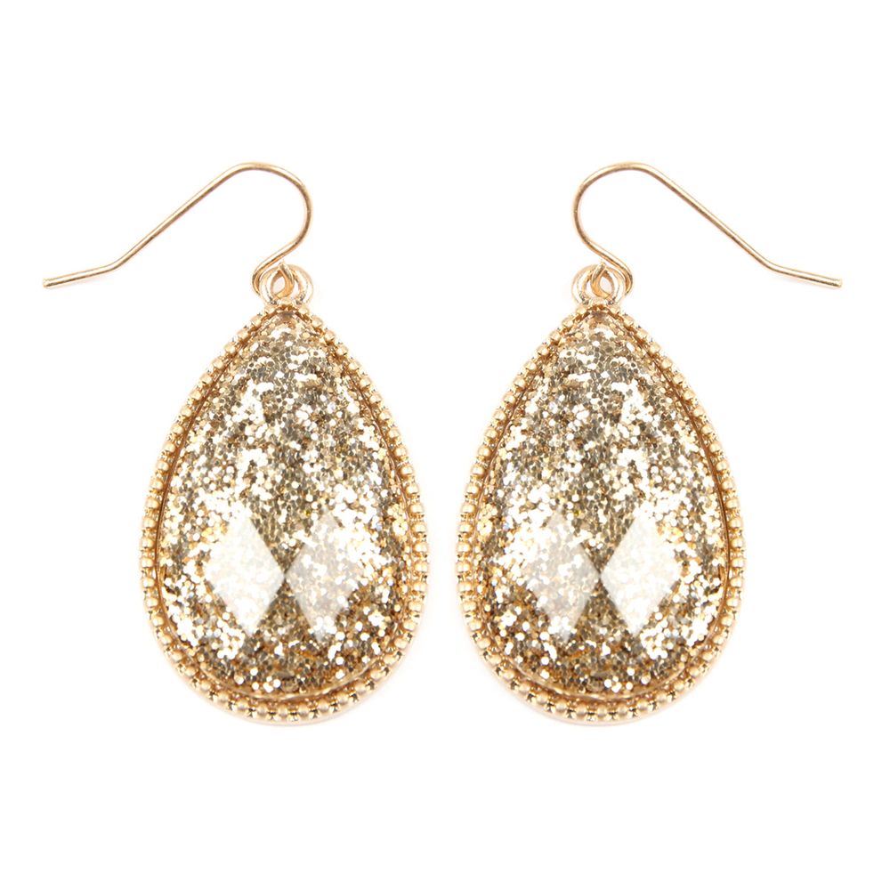 A pair of faceted teardrop glitter drop dangle earrings in various colors, showcasing their elegant design and sparkling details.