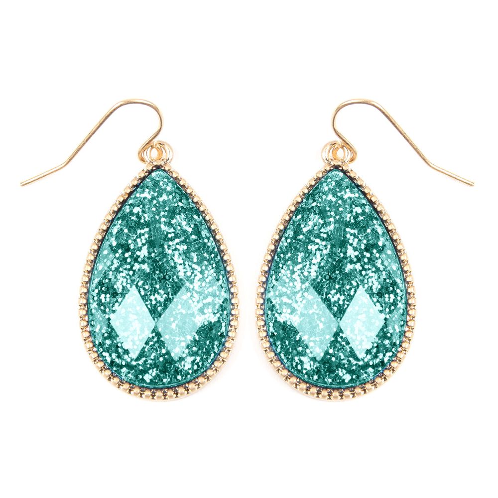 A pair of faceted teardrop glitter drop dangle earrings in various colors, showcasing their elegant design and sparkling details.