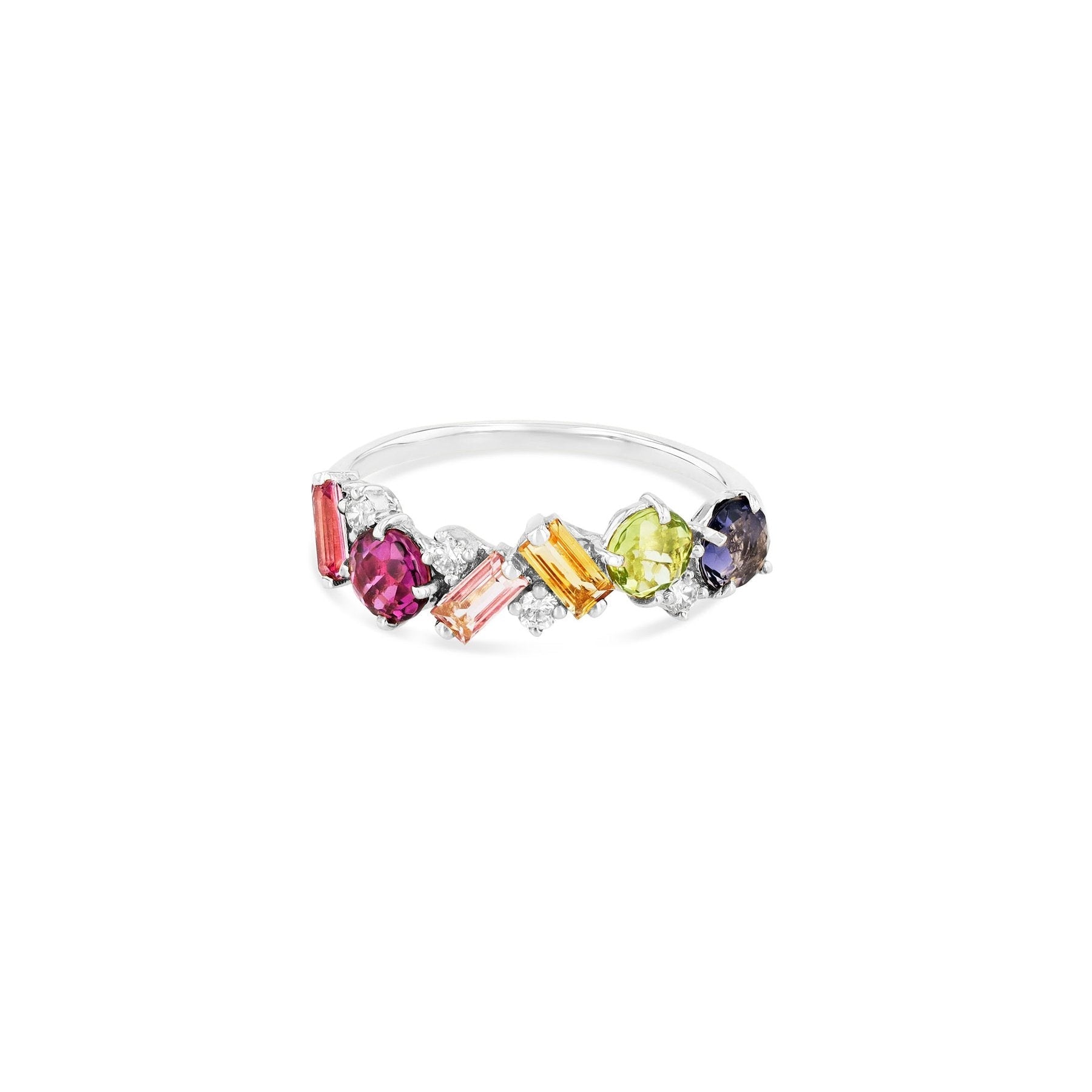Fancy colourful baguette stone crafted from 925 sterling silver with multi-color zirconia, showcasing a luxurious design.