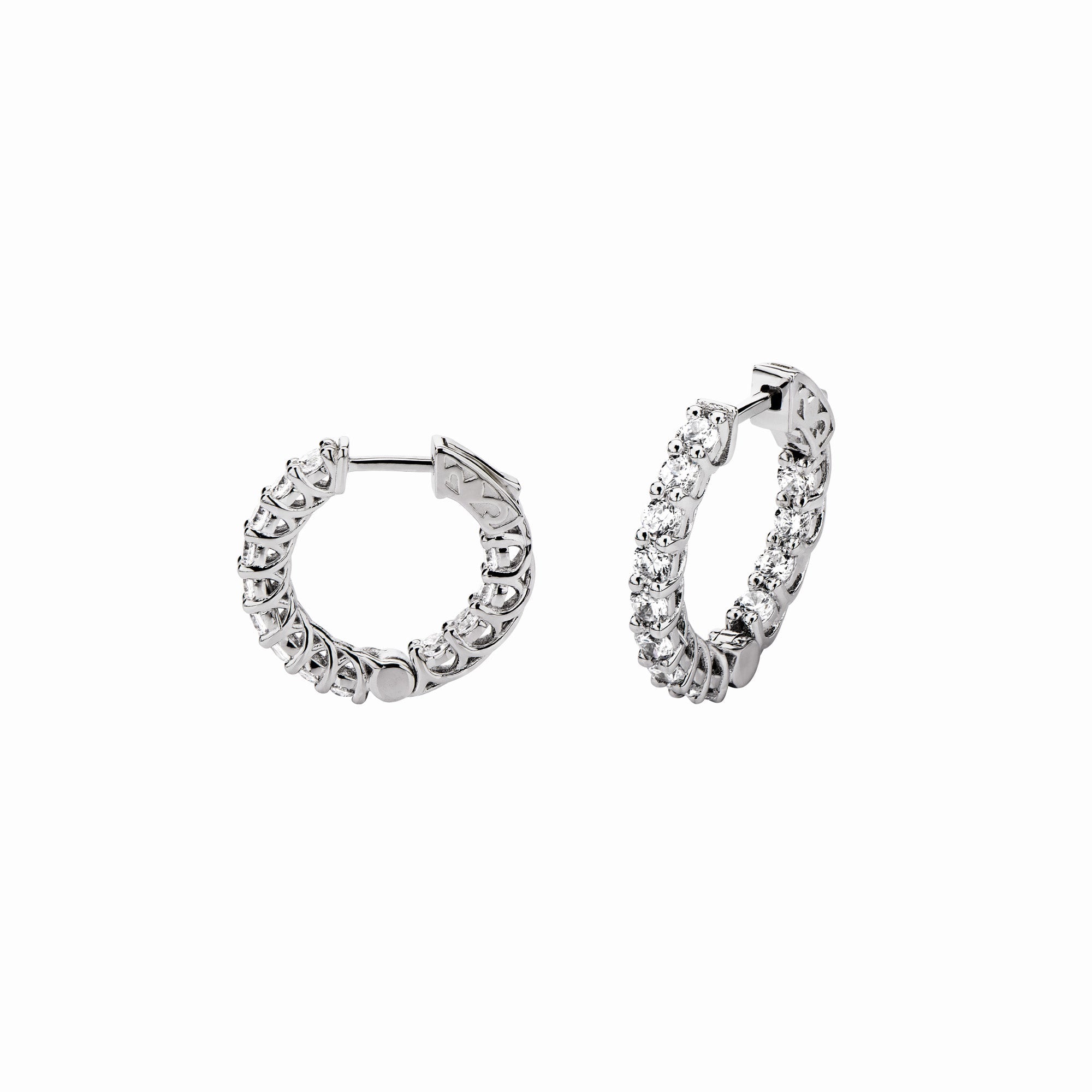 Fancy huggie earrings made of 925 sterling silver with a white gold finish and white sapphire stone, showcasing elegance and style.