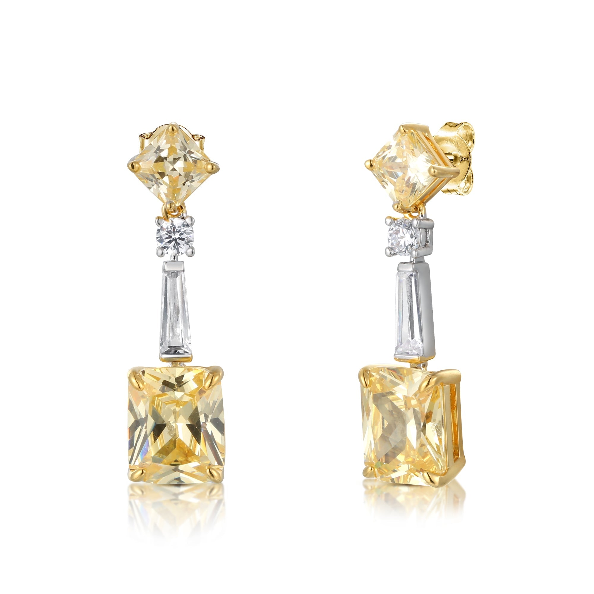 Fantastic party earrings made of 925 sterling silver with white gold surface, featuring white sapphire and yellow citrine stones.