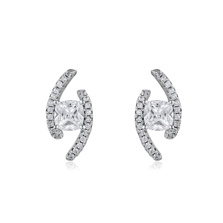 Fashion simple symmetry silver earrings made of 925 sterling silver with white sapphire stone, showcasing a modern design.