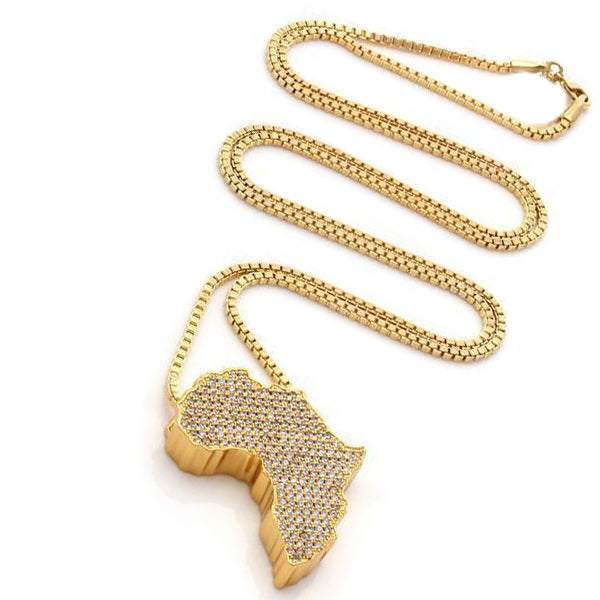 14K gold plated African continent pendant necklace with crystal pavé, featuring a link chain and lobster clasp.