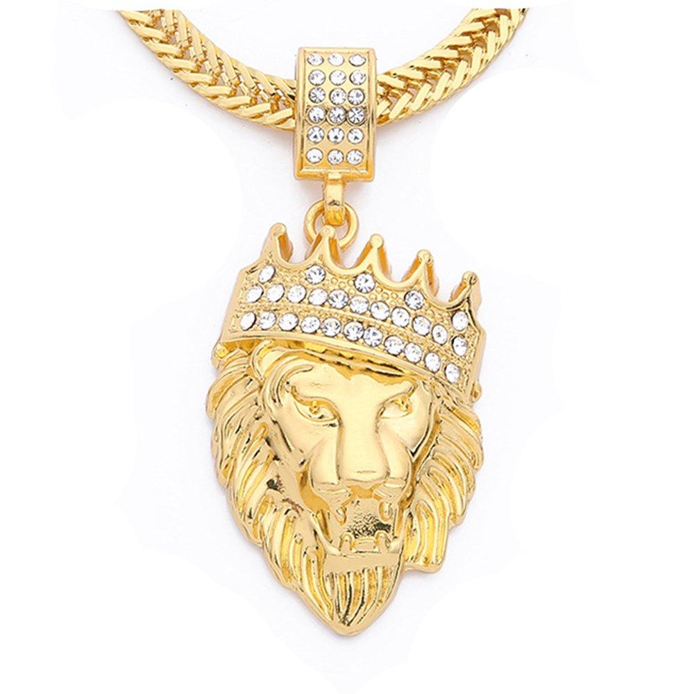 King of the Jungle Iced Out Pendant Necklace in 18K Gold with sparkling crystals and elegant design.