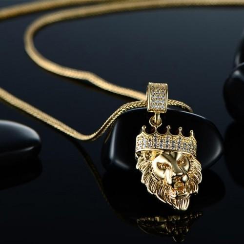 King of the Jungle Iced Out Pendant Necklace in 18K Gold with sparkling crystals and elegant design.