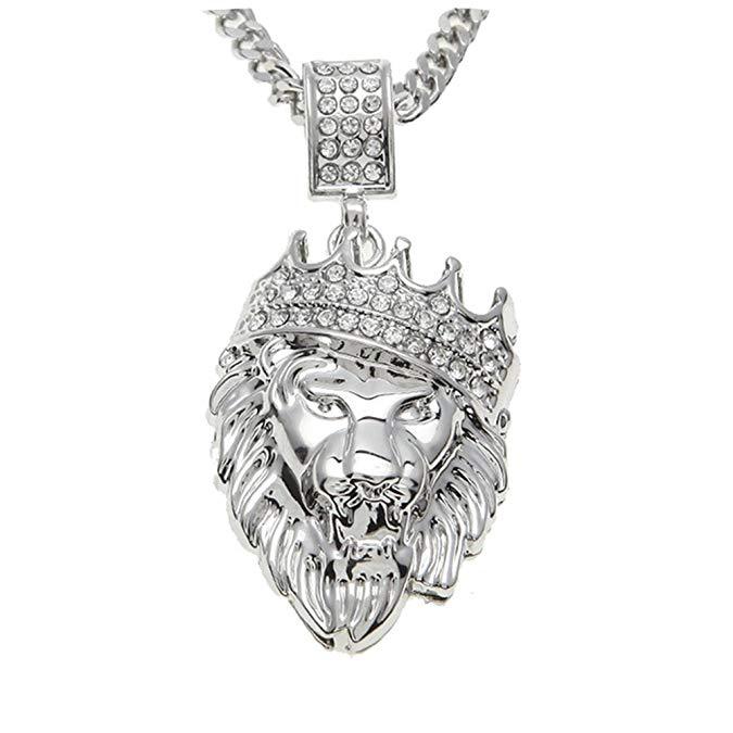 King of the Jungle Iced Out Pendant Necklace in 18K Gold with sparkling crystals and elegant design.