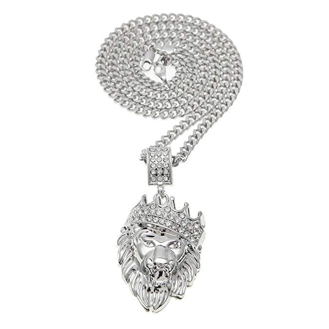 King of the Jungle Iced Out Pendant Necklace in 18K Gold with sparkling crystals and elegant design.